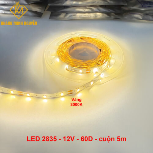 Đèn LED dây 12V 2835 SMD 60 mắt/mét - cuộn 5m - sáng sáng Vàng ấm 3000K