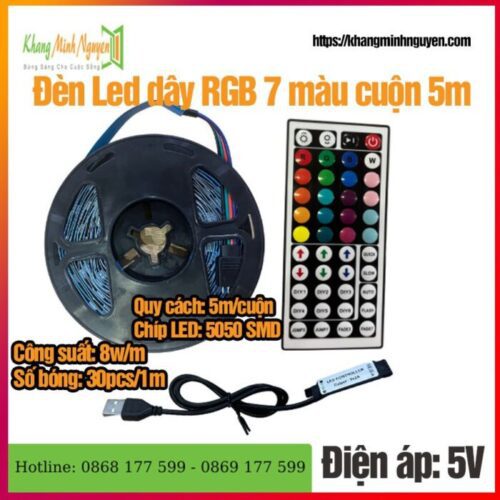 Đèn Led dây RGB 5050 nhiều màu, led tiktok - cuộn 5m - nguồn USB 5V - Điều khiển bằng remote, ứng dụng app đt, Bluetooth