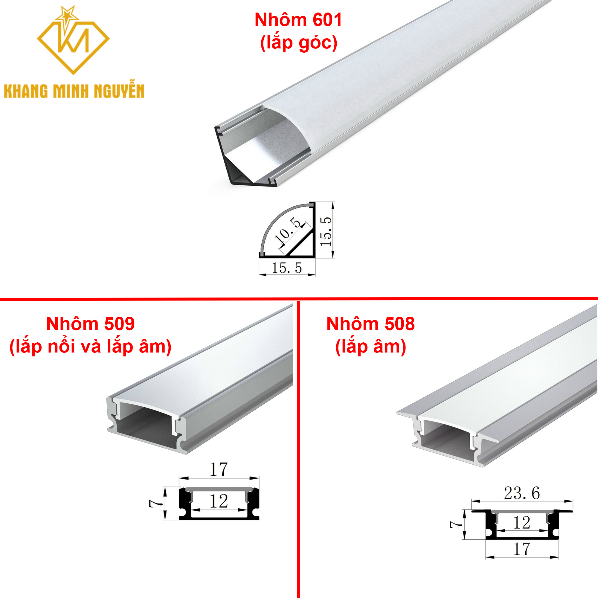 Thanh nhôm đèn LED lắp âm 508, lắp nổi 509, lắp góc 601 Thanh nhôm đèn LED lắp âm 508, lắp nổi 509, lắp góc 601