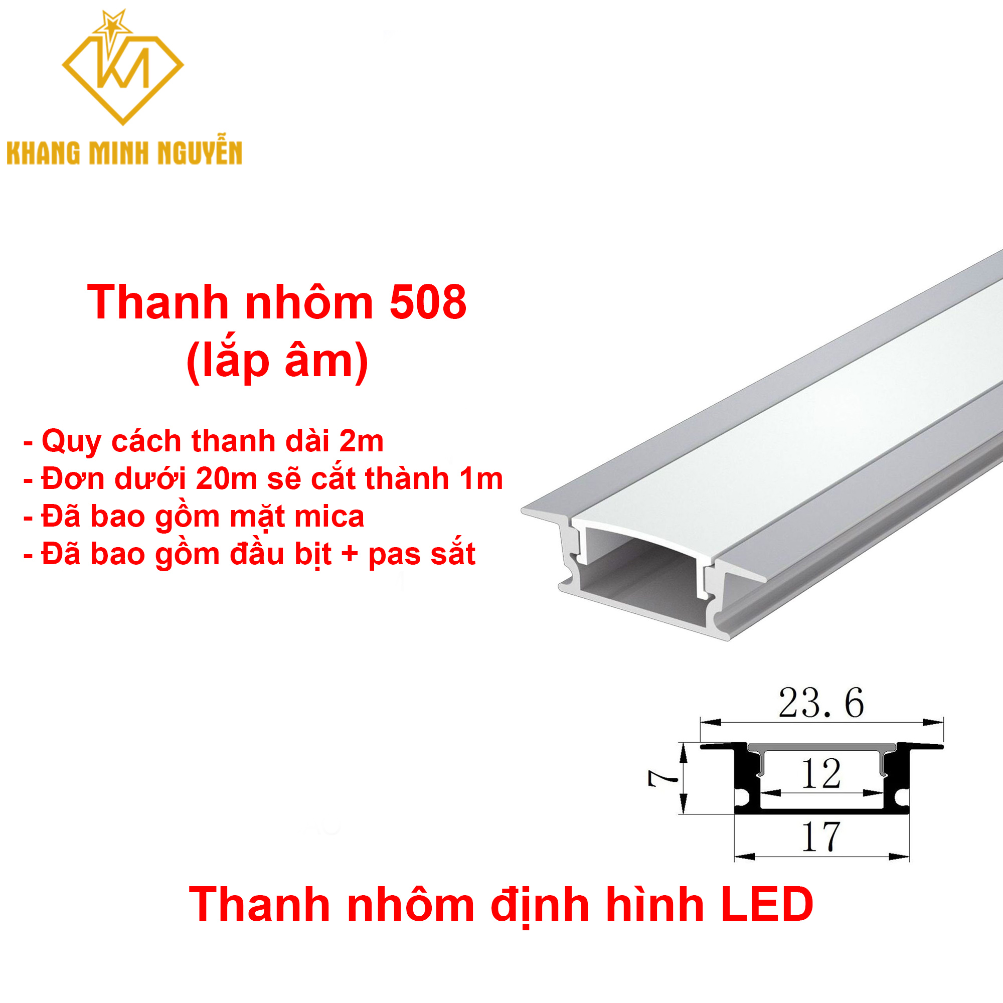 Thanh nhôm định hình LED lắp âm 508
