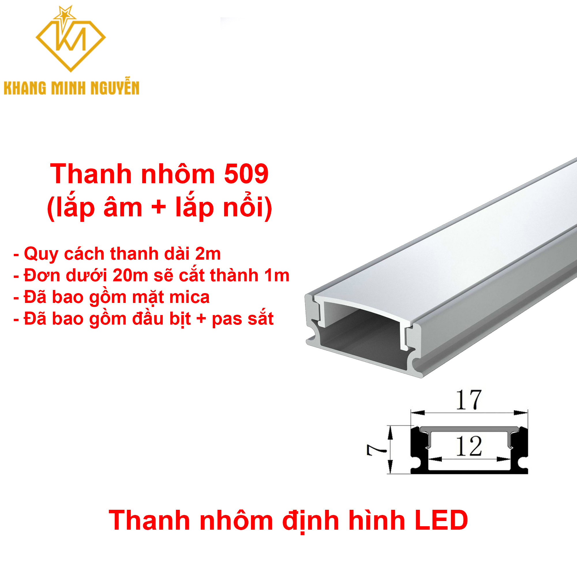 Thanh nhôm định hình đèn LED gắn nổi 509