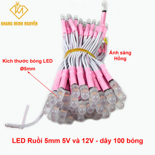 LED ruồi 5mm 5V và 12 V - chống nước làm bảng hiệu, hộp đèn, chạy chữ, trang trí cây - ánh sáng hồng