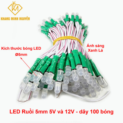LED ruồi 5mm 5V và 12 V - chống nước làm bảng hiệu, hộp đèn, chạy chữ, trang trí cây - ánh sáng xanh lá