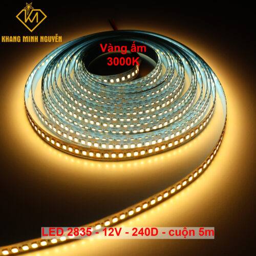 240 Led/mét - Đèn LED dây 2835 12V cuộn 5m - siêu sáng - vàng ấm 3000K