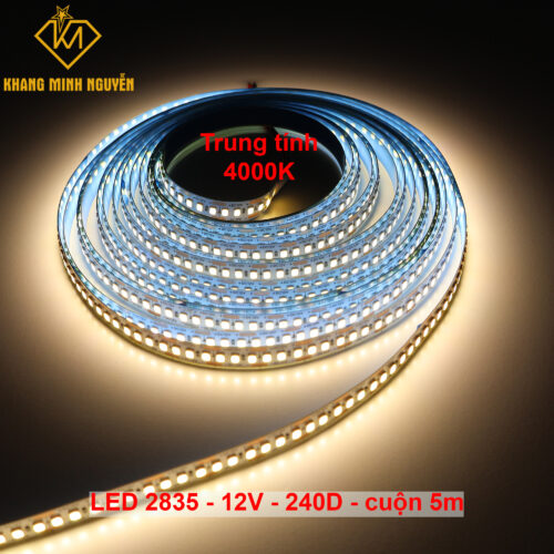 240 Led/mét - Đèn LED dây 2835 12V cuộn 5m - siêu sáng - trung tính 4000K