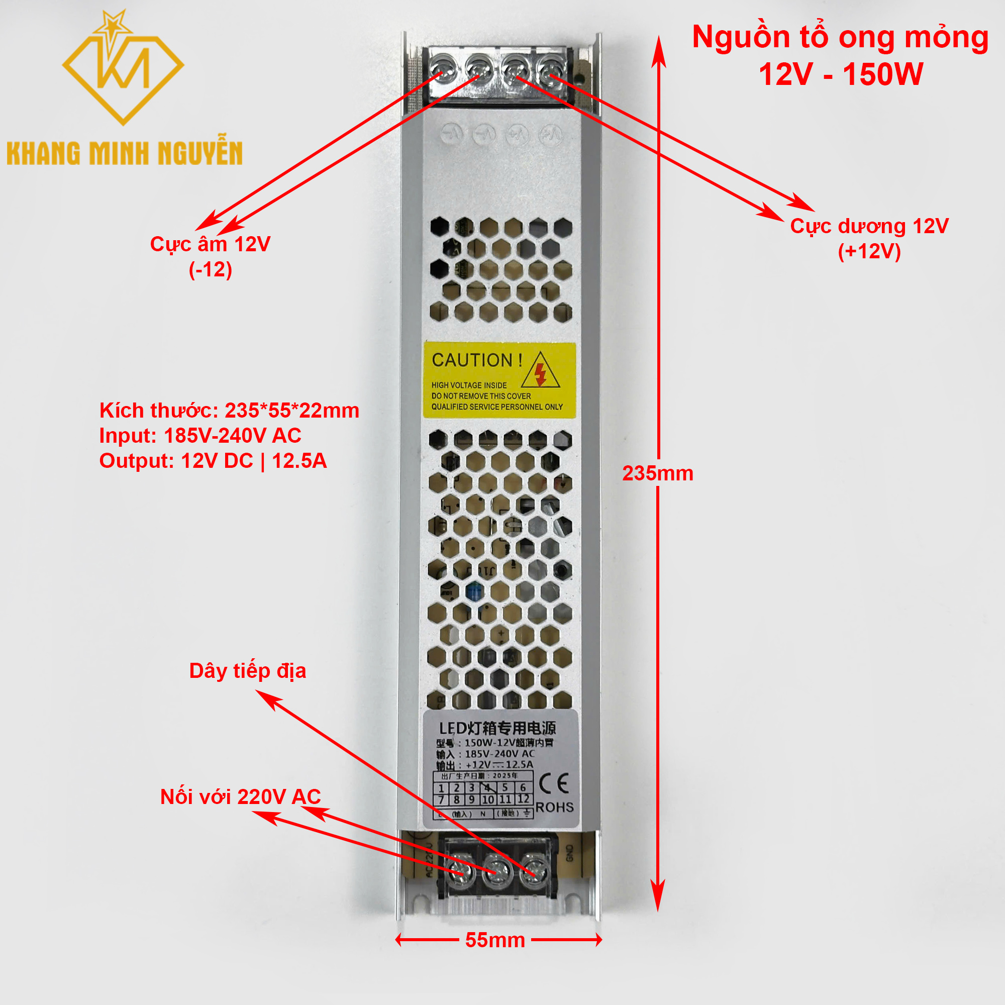 Nguồn tổ ong mỏng 12V - 12.5A - 150W Nguồn tổ ong mỏng 12V - 12.5A - 150W