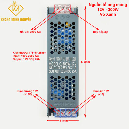 Nguồn tổ ong mỏng 12V-25A-300W vỏ xanh