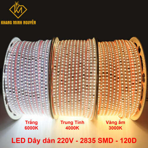 LED dây dán 220V 120D 2835 SMD, Trắng - Trung tính - Vàng ấm, cuộn dài tối đa 100m