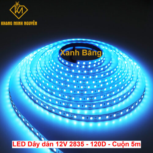 Đèn LED dây 12V 2835 SMD 120 mắt/mét - cuộn 5m - Xanh băng